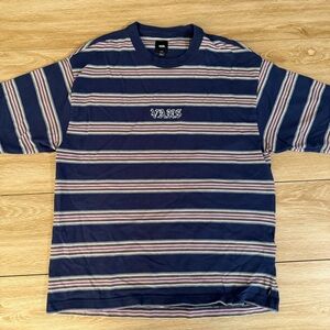 Men's Vans Loose Fit Navy Blue and Pink Striped Tee Size Large